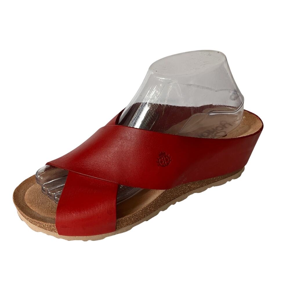 Yokono Red Leather Sandals Size 9 Wedge Slides Rubber Sole